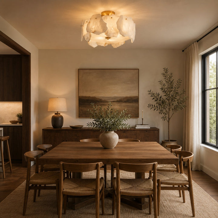 Contemporary Flush Mount Ceiling Light Copper Base Alabaster Panels Soft Diffused Lighting