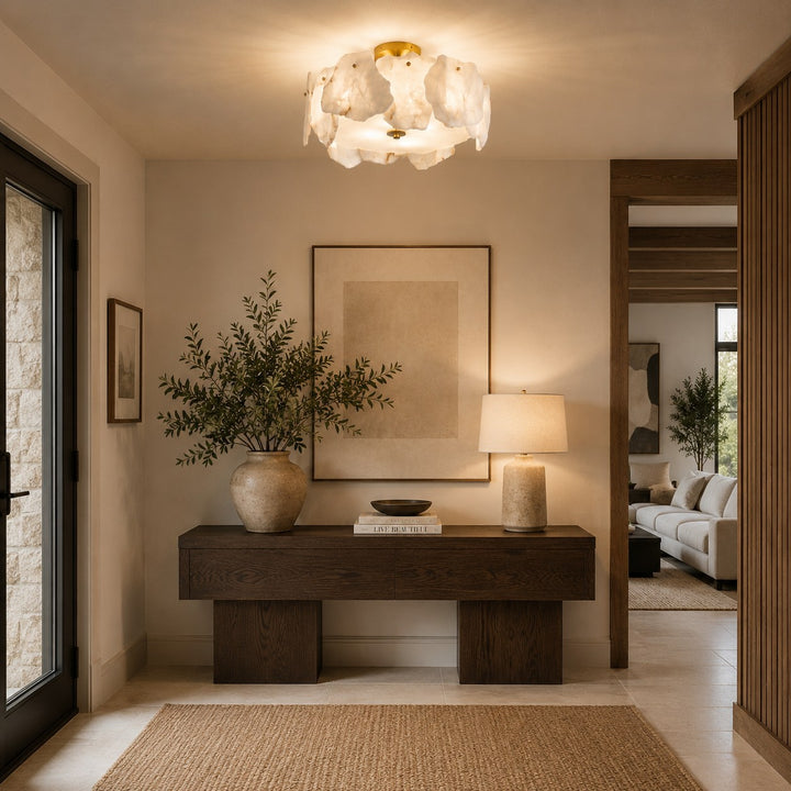 Contemporary Flush Mount Ceiling Light Copper Base Alabaster Panels Soft Diffused Lighting