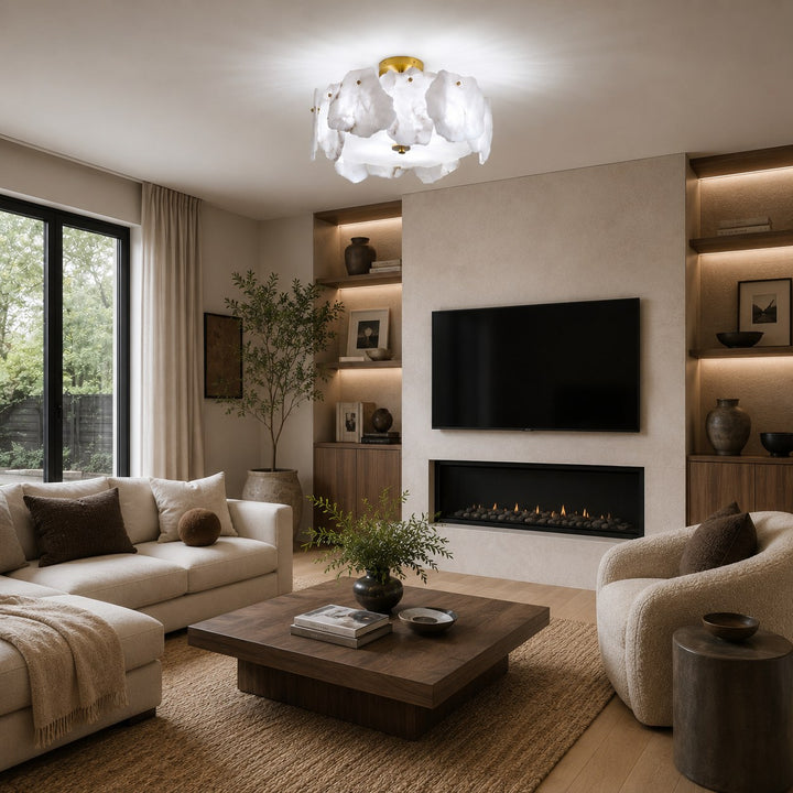 Contemporary Flush Mount Ceiling Light Copper Base Alabaster Panels Soft Diffused Lighting