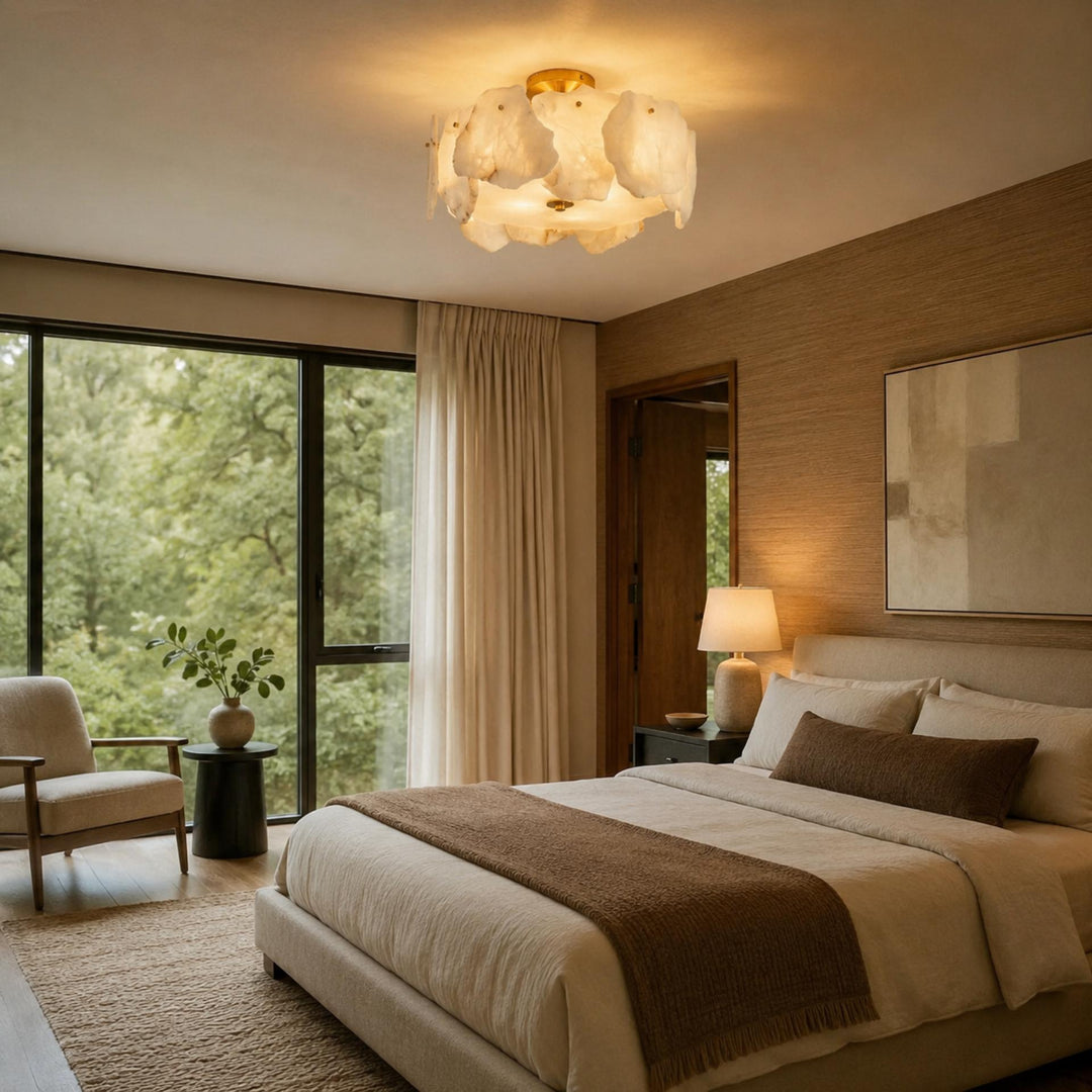 Contemporary Flush Mount Ceiling Light Copper Base Alabaster Panels Soft Diffused Lighting