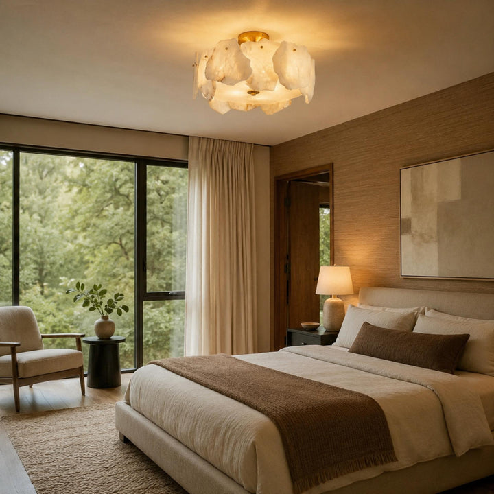Contemporary Flush Mount Ceiling Light Copper Base Alabaster Panels Soft Diffused Lighting
