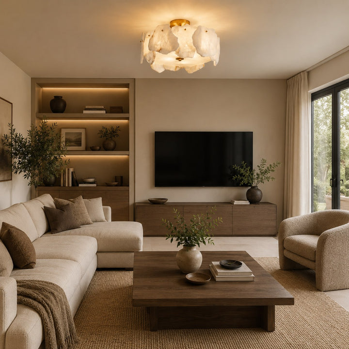 Contemporary Flush Mount Ceiling Light Copper Base Alabaster Panels Soft Diffused Lighting