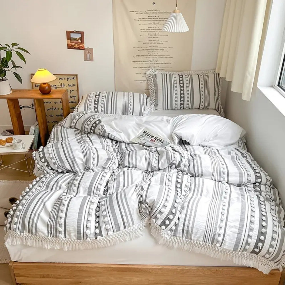 Contemporary Soft Stripe King Size Quilt Set Cotton Microfiber Blend with Tassels for Year-Round Comfort 2