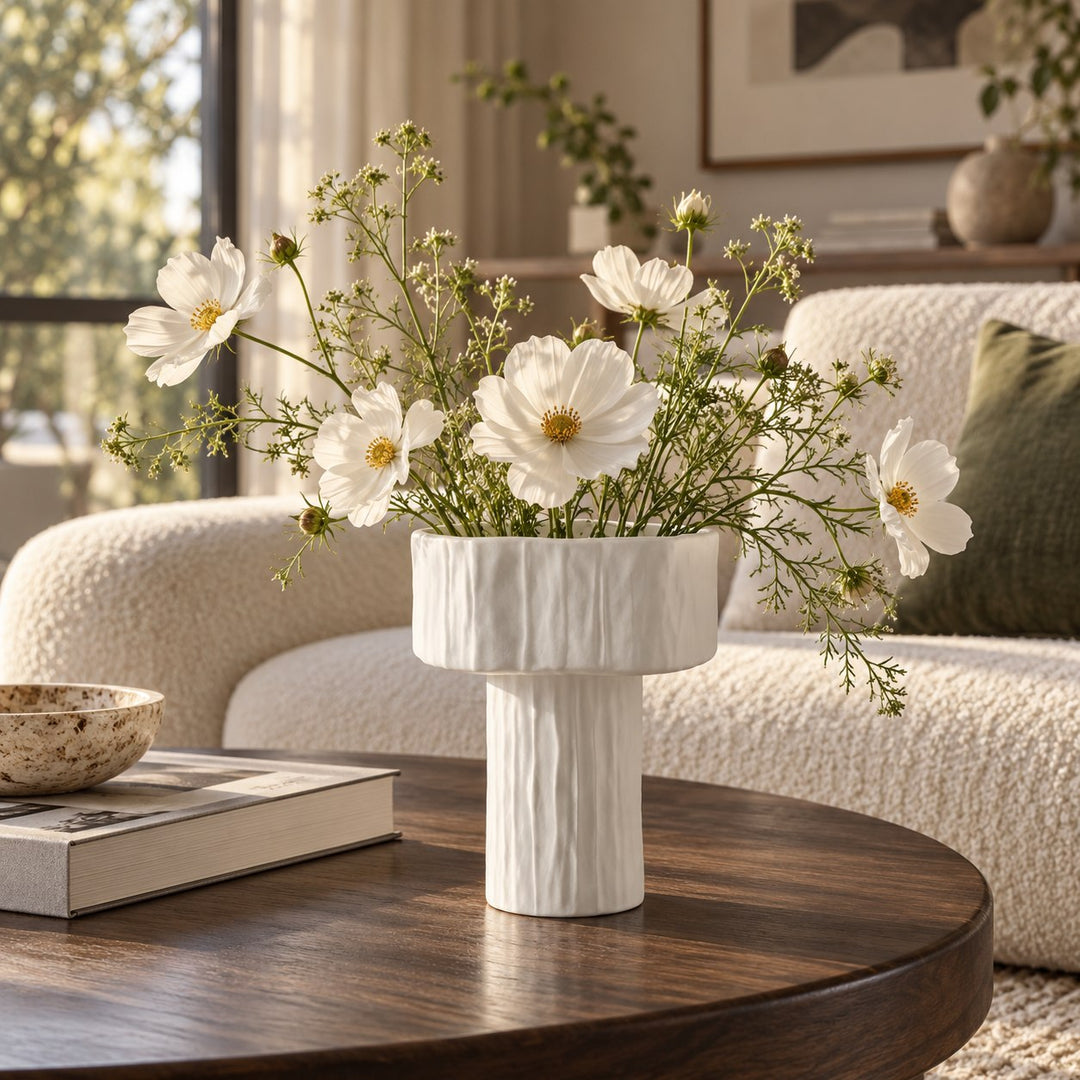Modern Ceramic Vase Medium Pedestal Design Matte White Decorative for Dried Arrangements