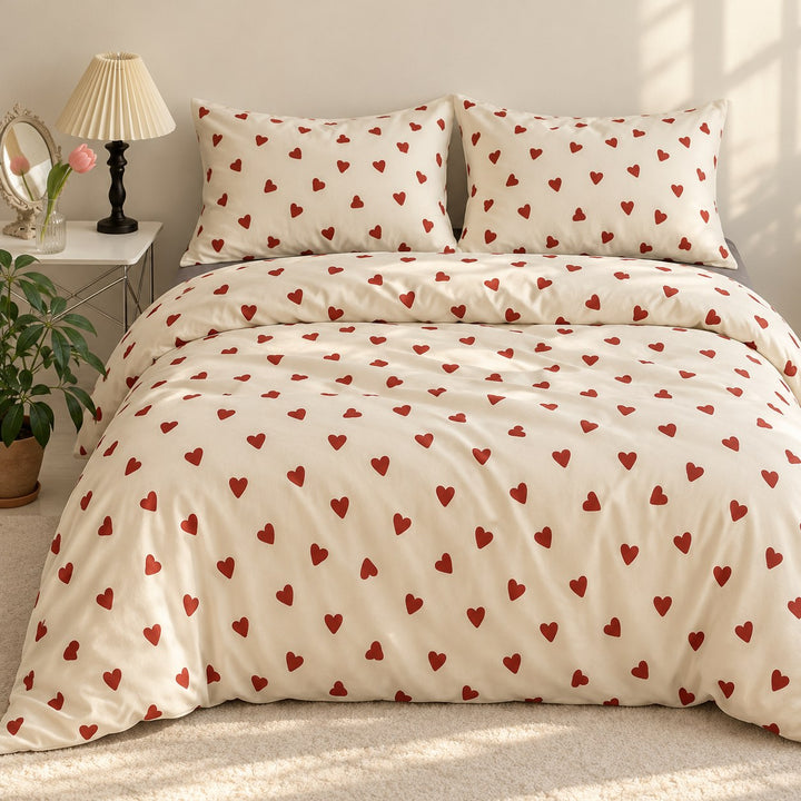 Vintage Aesthetic Bedding Set with Red Hearts Print Duvet Cover and Flat Sheet Polyester Material