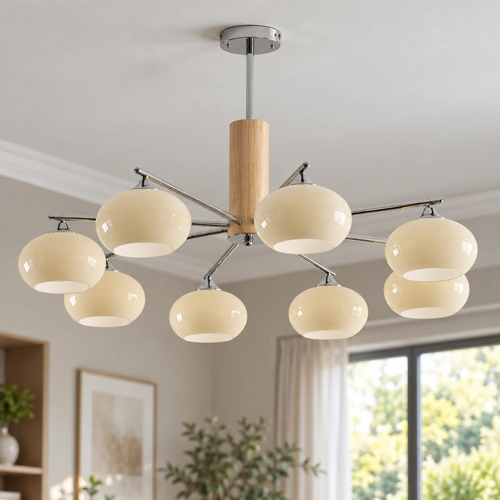 Midcentury Elliptical Chandelier Ceiling Light with Metal Frame and Glass Shade LED Compatible