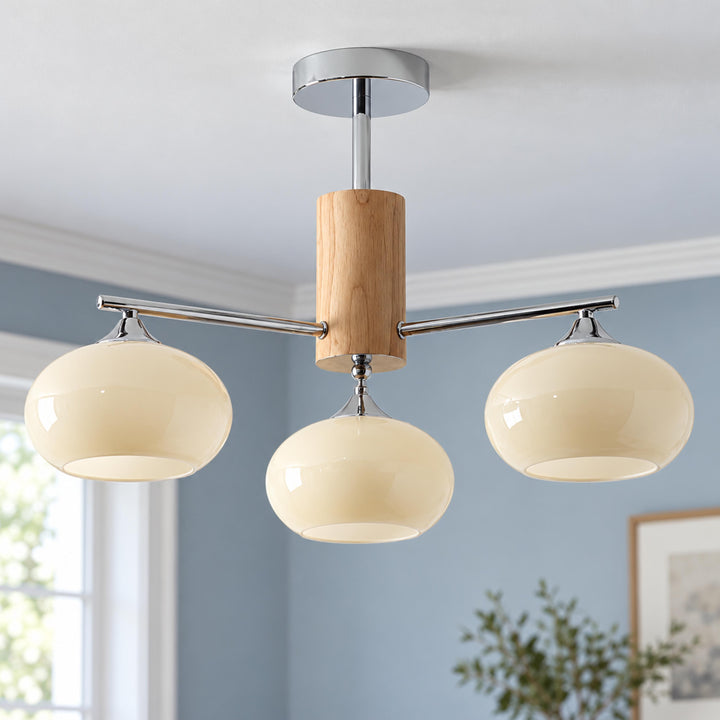 Midcentury Elliptical Chandelier Ceiling Light with Metal Frame and Glass Shade LED Compatible