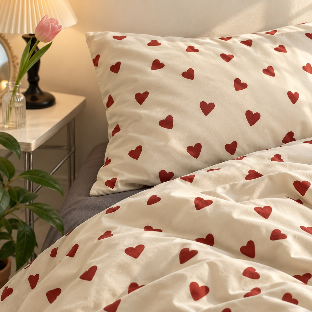 Vintage Aesthetic Bedding Set with Red Hearts Print Duvet Cover and Flat Sheet Polyester Material