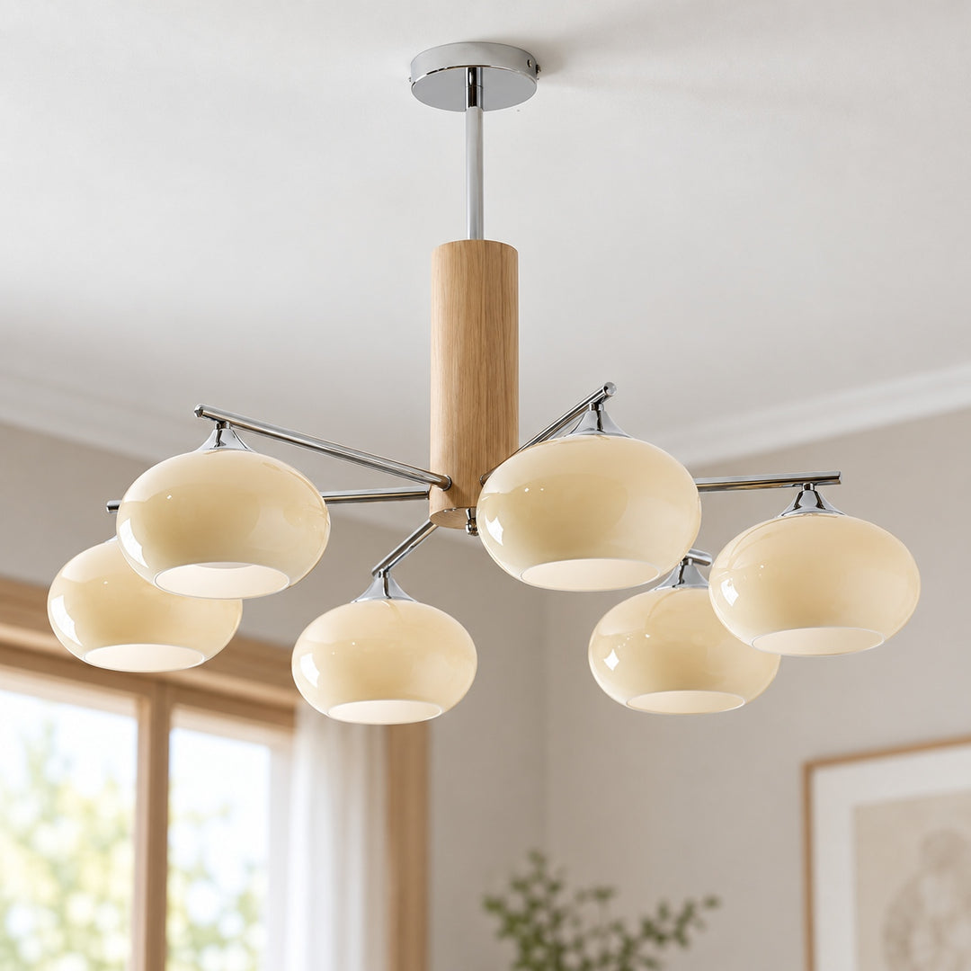 Midcentury Elliptical Chandelier Ceiling Light with Metal Frame and Glass Shade LED Compatible