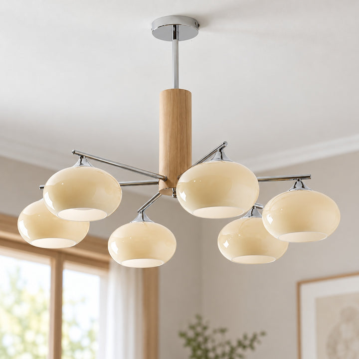 Midcentury Elliptical Chandelier Ceiling Light with Metal Frame and Glass Shade LED Compatible