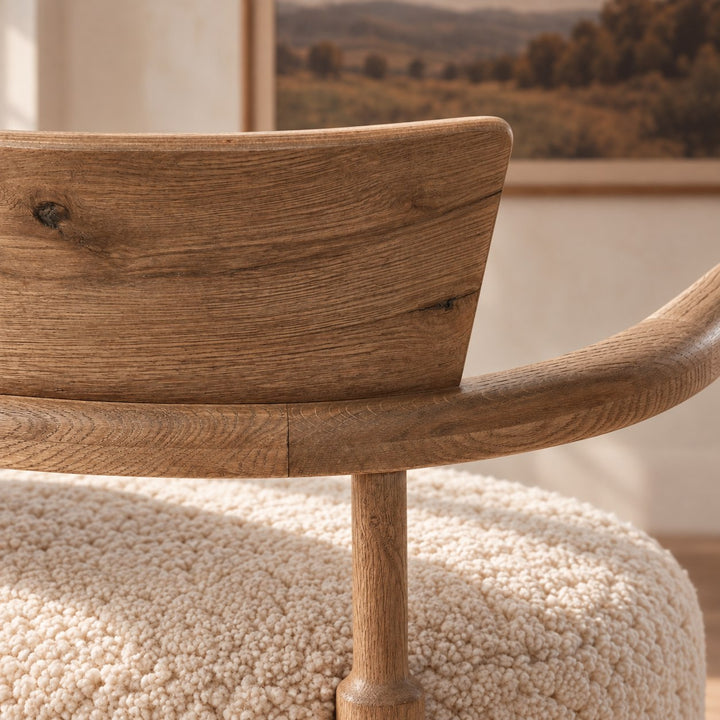 Modern Accent Chair Solid Oak Frame Thick Cushioned Seat Natural Shearling Upholstery