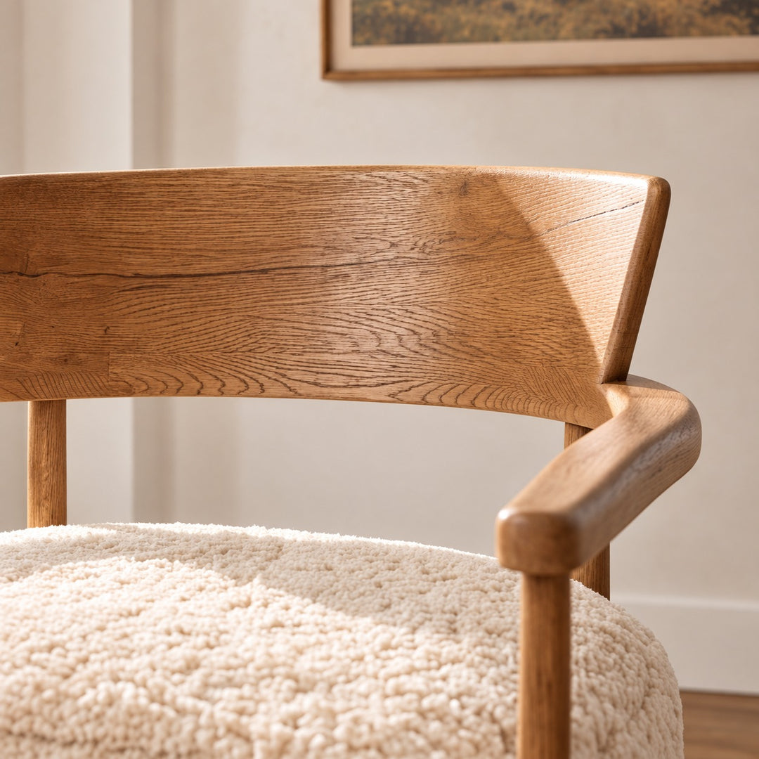Modern Accent Chair Solid Oak Frame Thick Cushioned Seat Natural Shearling Upholstery