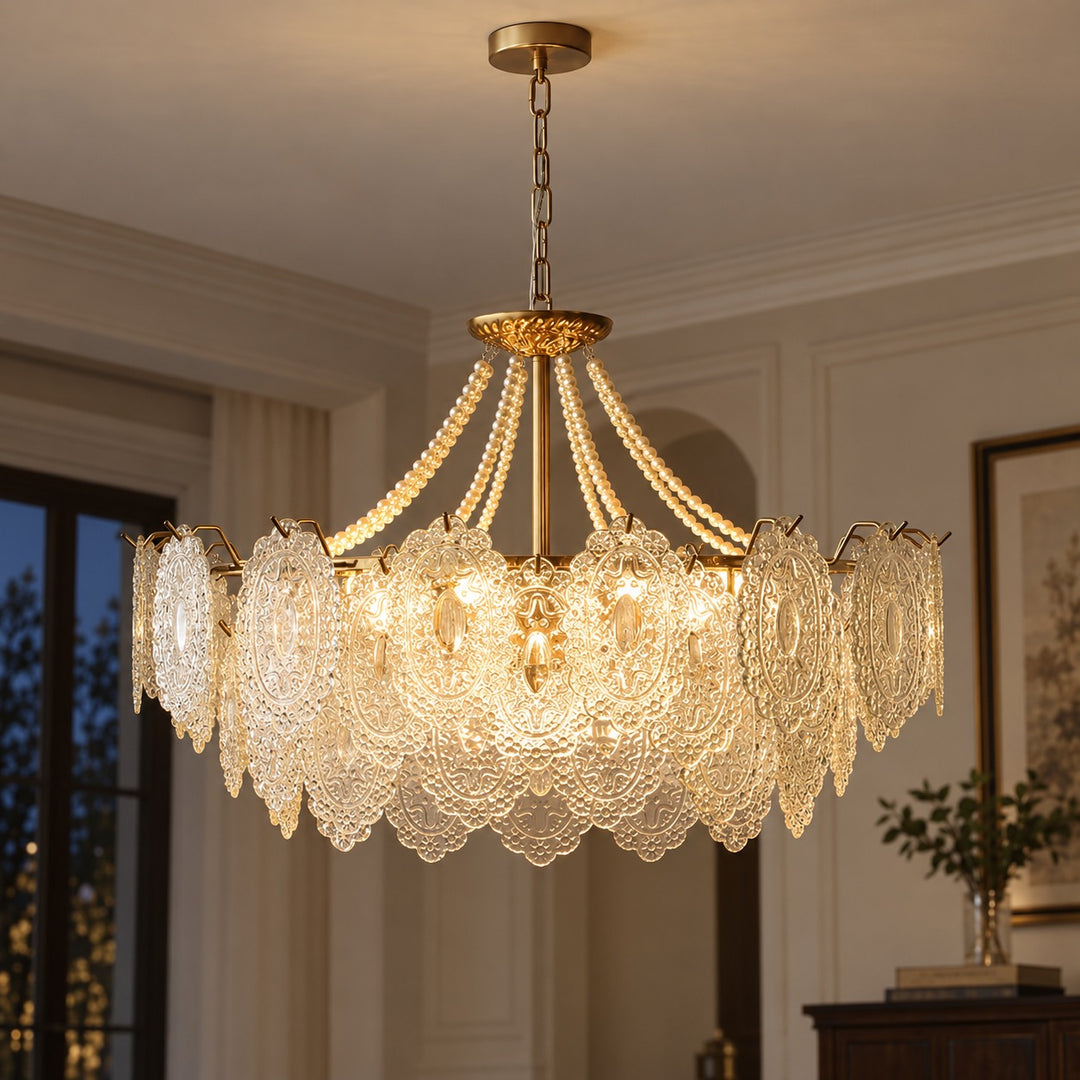 Modern Glass Chandelier Light Pendant Fixture Ceiling Mounted with Pearl Accents for Ambient Illumination