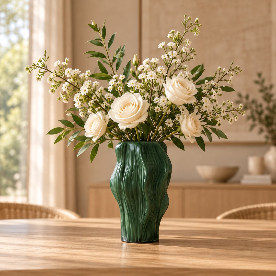Frosted Green Ribbed Decorative Glass Vase 30 cm for Stylish Home Decor