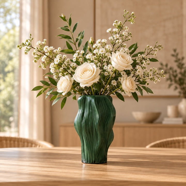 Frosted Green Ribbed Decorative Glass Vase 30 cm for Stylish Home Decor