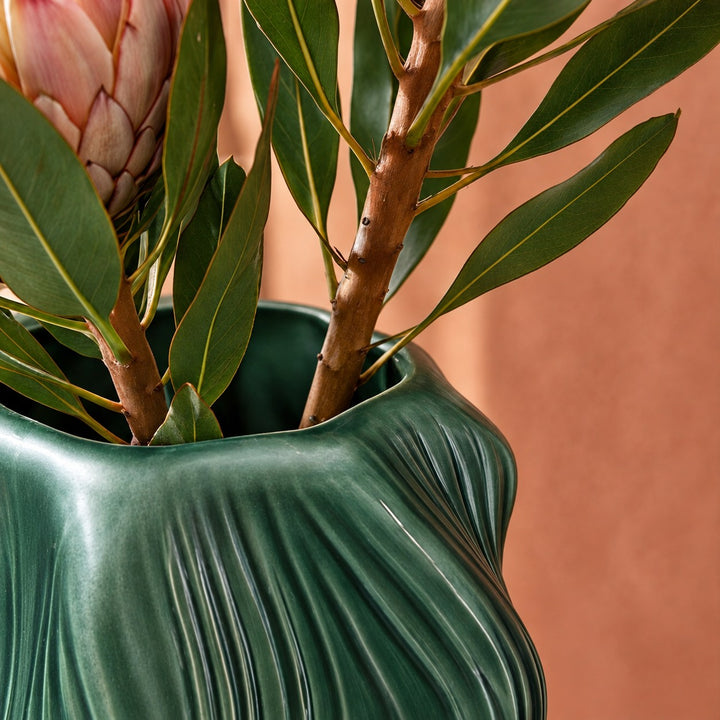 Frosted Green Ribbed Decorative Glass Vase 30 cm for Stylish Home Decor
