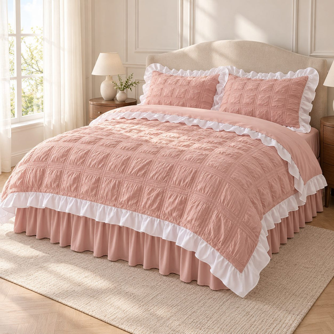 Kawaii Ruffle Bedding Set Soft Polyester Duvet Cover with Bed Skirt and Pillow Cases