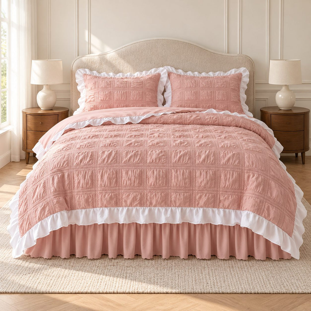 Kawaii Ruffle Bedding Set Soft Polyester Duvet Cover with Bed Skirt and Pillow Cases