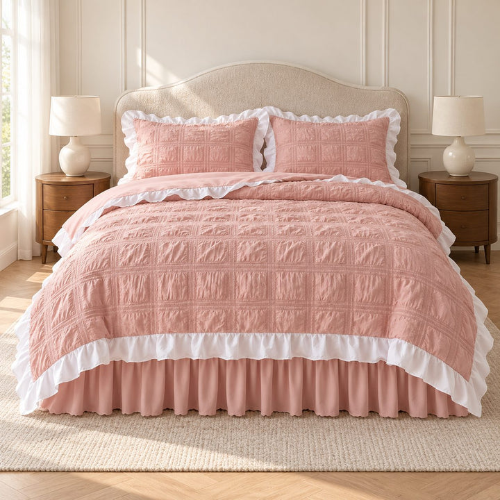Kawaii Ruffle Bedding Set Soft Polyester Duvet Cover with Bed Skirt and Pillow Cases
