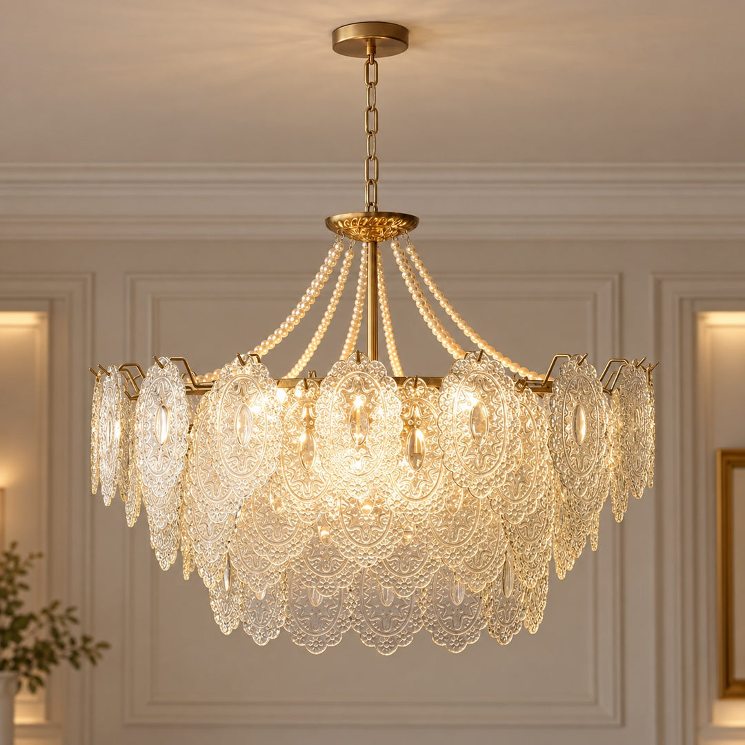Modern Glass Chandelier Light Pendant Fixture Ceiling Mounted with Pearl Accents for Ambient Illumination