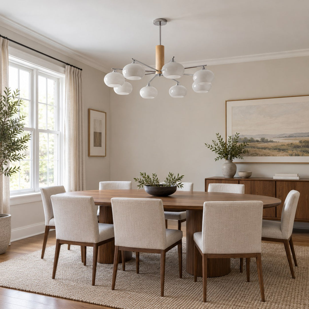 Midcentury Elliptical Chandelier Ceiling Light with Metal Frame and Glass Shade LED Compatible