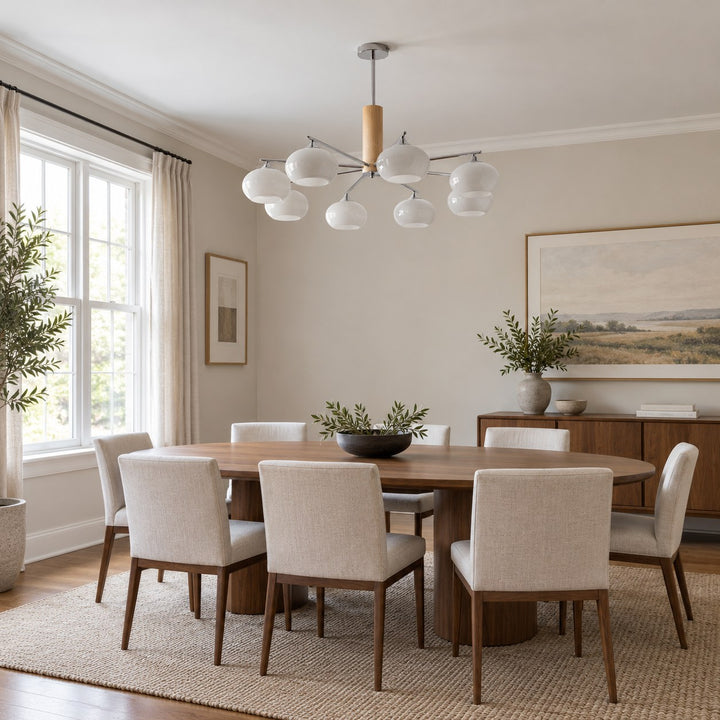 Midcentury Elliptical Chandelier Ceiling Light with Metal Frame and Glass Shade LED Compatible