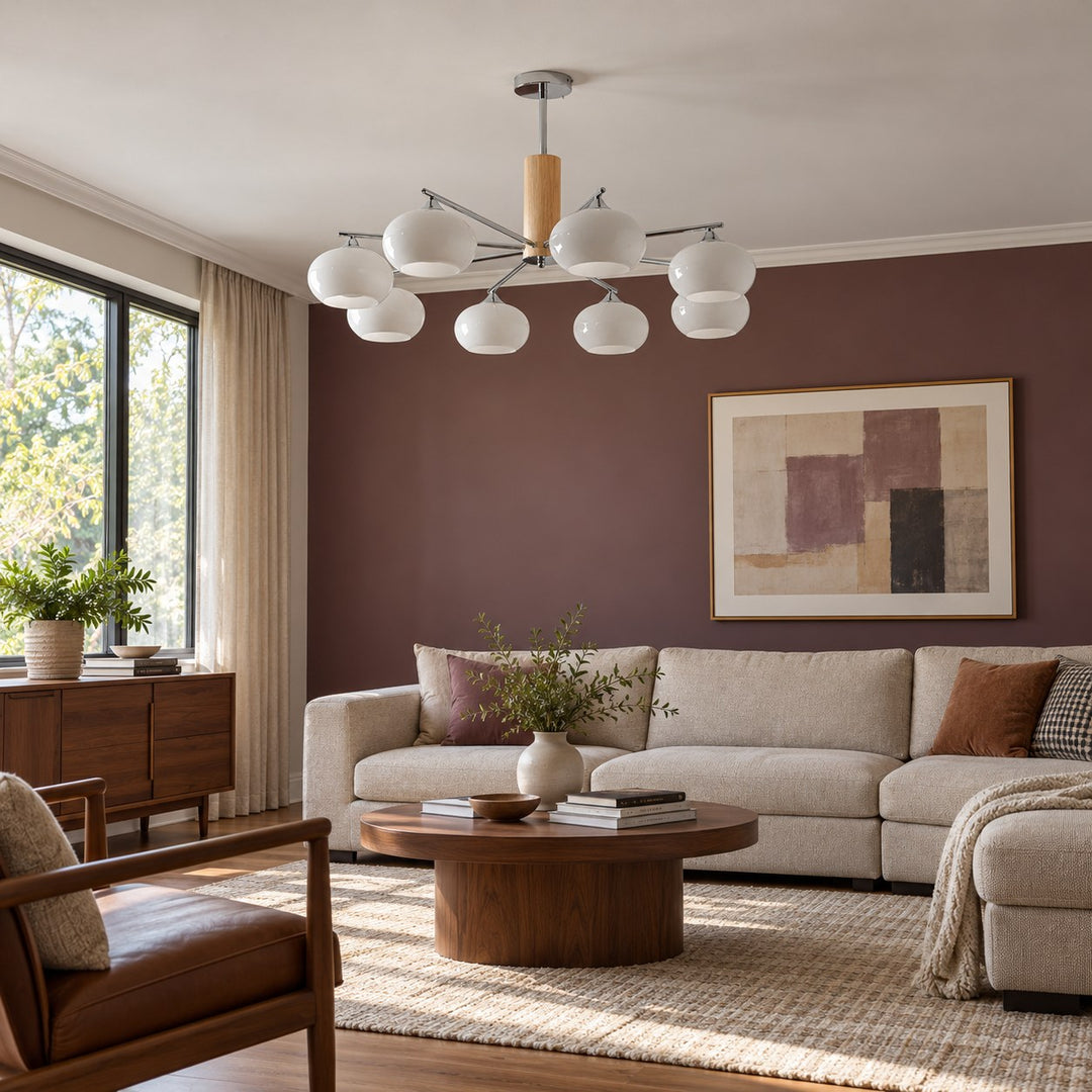 Midcentury Elliptical Chandelier Ceiling Light with Metal Frame and Glass Shade LED Compatible