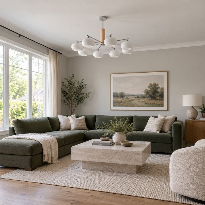 Midcentury Elliptical Chandelier Ceiling Light with Metal Frame and Glass Shade LED Compatible