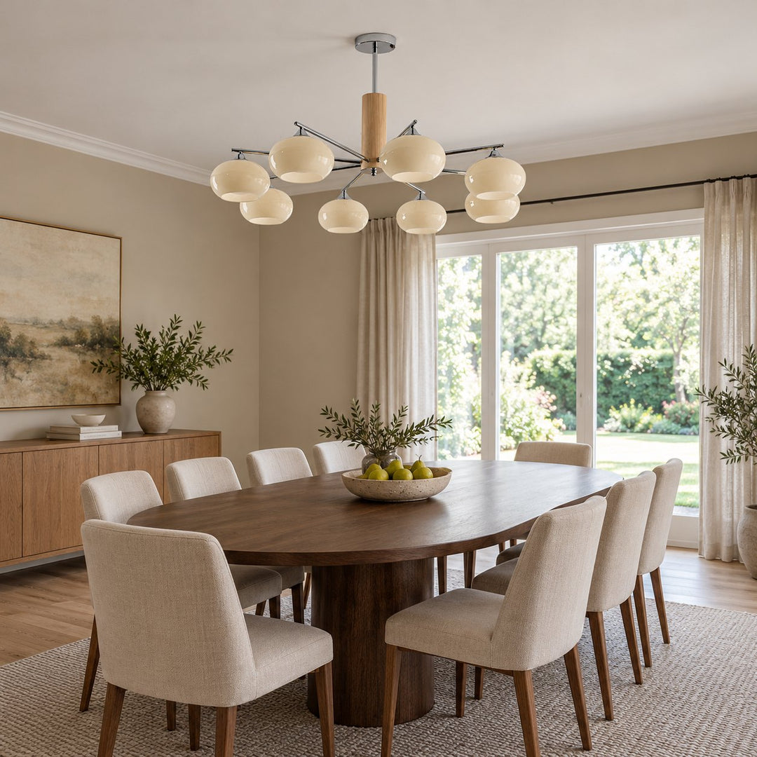 Midcentury Elliptical Chandelier Ceiling Light with Metal Frame and Glass Shade LED Compatible