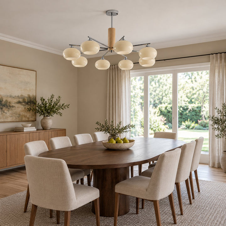 Midcentury Elliptical Chandelier Ceiling Light with Metal Frame and Glass Shade LED Compatible