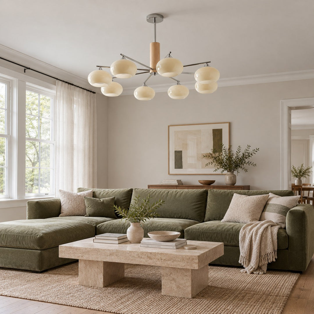 Midcentury Elliptical Chandelier Ceiling Light with Metal Frame and Glass Shade LED Compatible