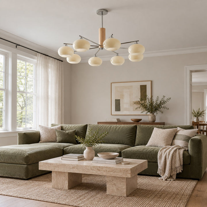 Midcentury Elliptical Chandelier Ceiling Light with Metal Frame and Glass Shade LED Compatible
