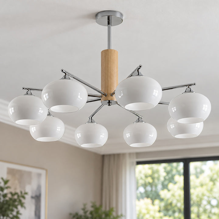 Midcentury Elliptical Chandelier Ceiling Light with Metal Frame and Glass Shade LED Compatible