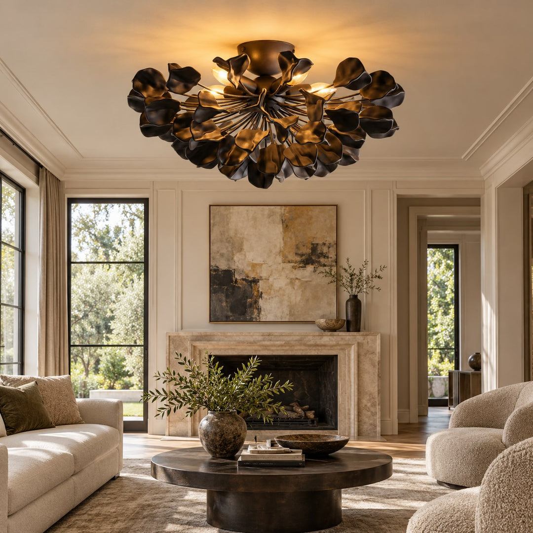 Modern Ceramic Leaf Flush Mount Ceiling Light – Brass & Ivory Botanical Chandelier