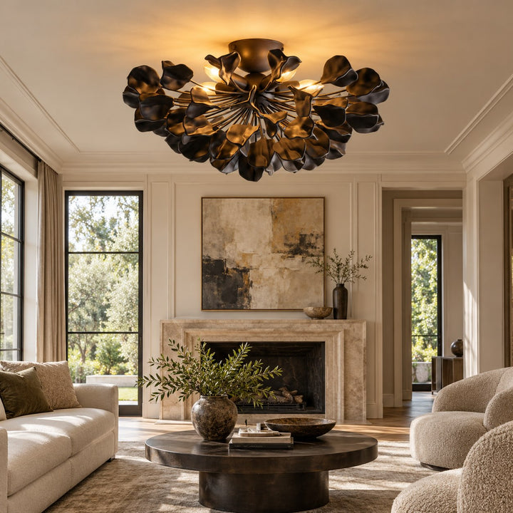 Modern Ceramic Leaf Flush Mount Ceiling Light – Brass & Ivory Botanical Chandelier