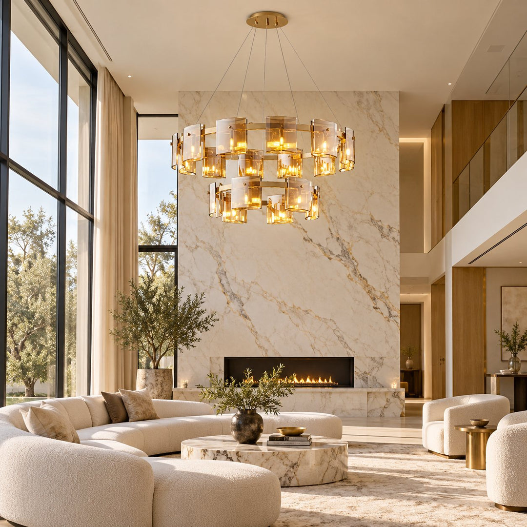 Modern Chandelier Ceiling Light Adjustable Height Metal and Glass LED Indoor Fixture