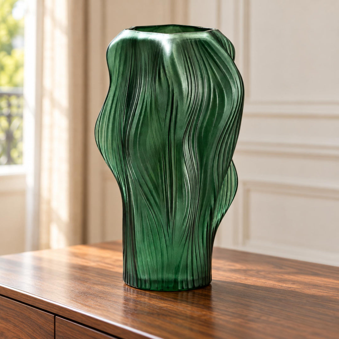 Frosted Green Ribbed Decorative Glass Vase 30 cm for Stylish Home Decor