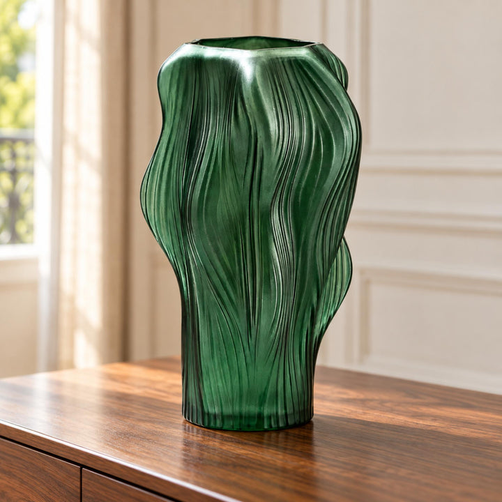Frosted Green Ribbed Decorative Glass Vase 30 cm for Stylish Home Decor