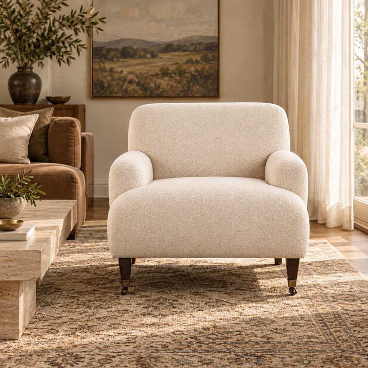 Modern Accent Chair with Upholstered Fabric and Brass Casters for Living Room Comfort