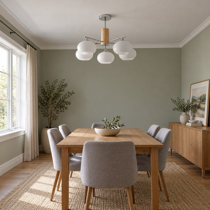 Midcentury Elliptical Chandelier Ceiling Light with Metal Frame and Glass Shade LED Compatible