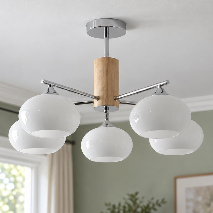 Midcentury Elliptical Chandelier Ceiling Light with Metal Frame and Glass Shade LED Compatible