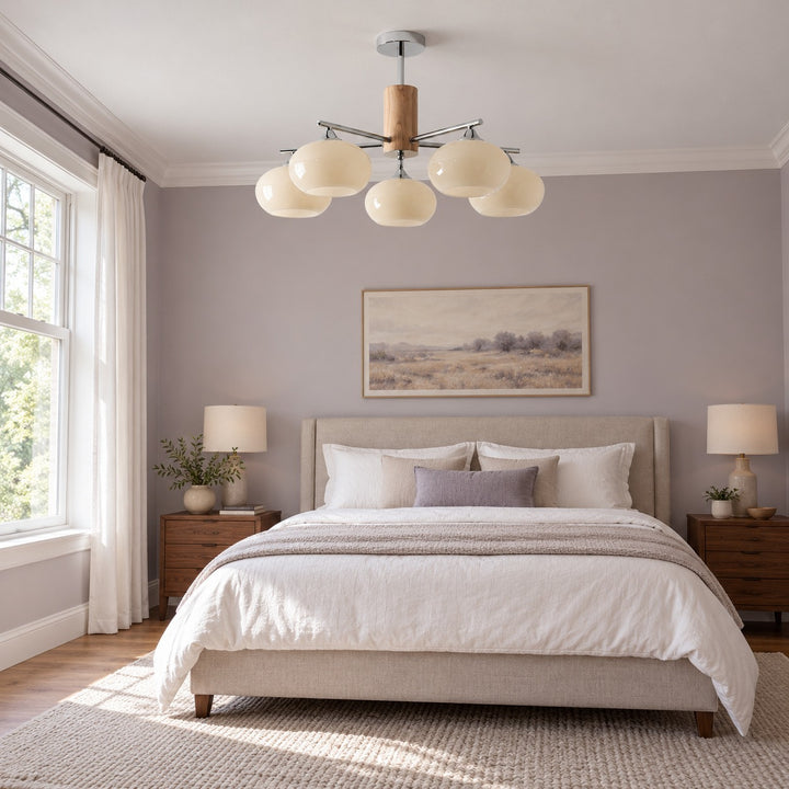Midcentury Elliptical Chandelier Ceiling Light with Metal Frame and Glass Shade LED Compatible