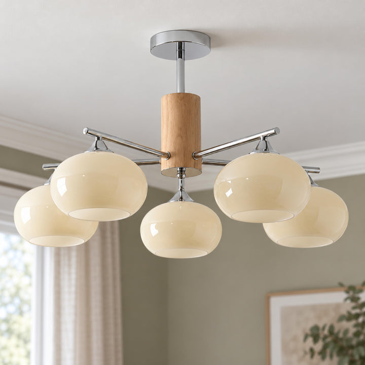 Midcentury Elliptical Chandelier Ceiling Light with Metal Frame and Glass Shade LED Compatible