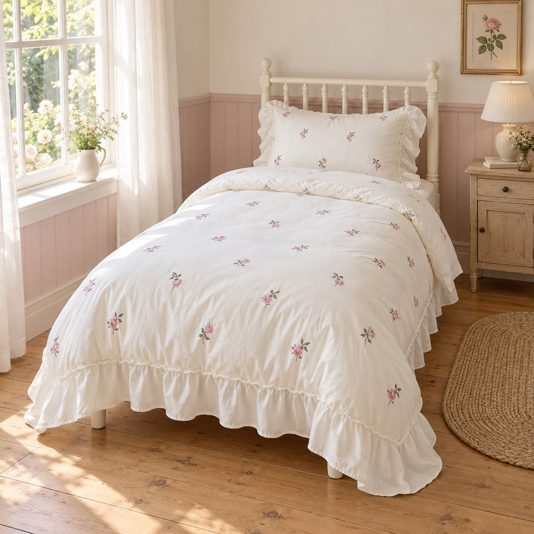 Floral Duvet Cover Set with Ruffled Pillowcases Soft Polyester for Coquette Bedroom Decor