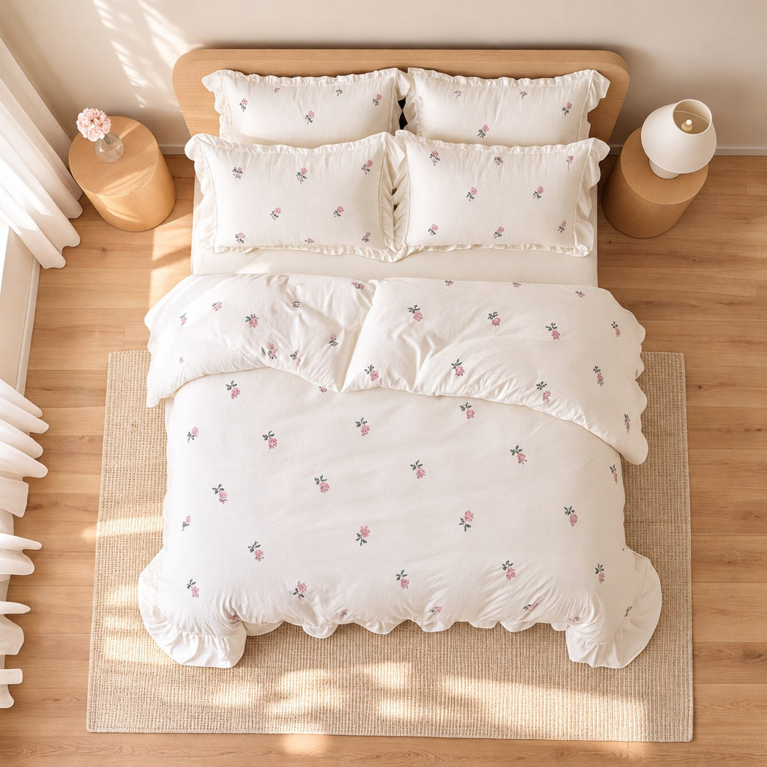 Floral Duvet Cover Set with Ruffled Pillowcases Soft Polyester for Coquette Bedroom Decor