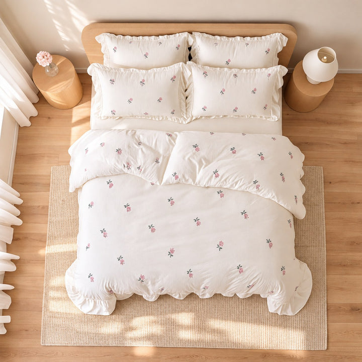 Floral Duvet Cover Set with Ruffled Pillowcases Soft Polyester for Coquette Bedroom Decor