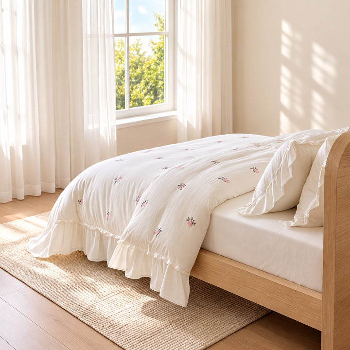 Floral Duvet Cover Set with Ruffled Pillowcases Soft Polyester for Coquette Bedroom Decor