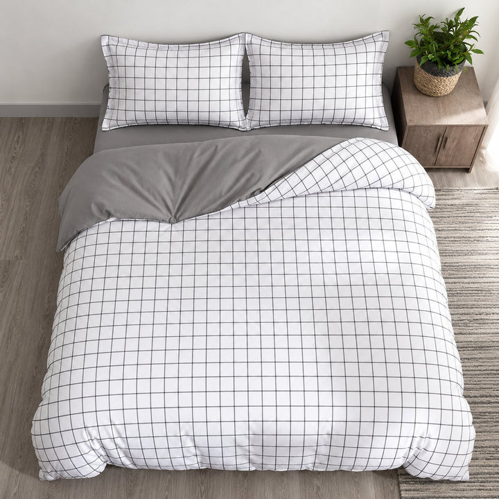 Modern Plain Grid Bedding Set Duvet Cover Flat Sheet Pillow Cases Polyester Fabric