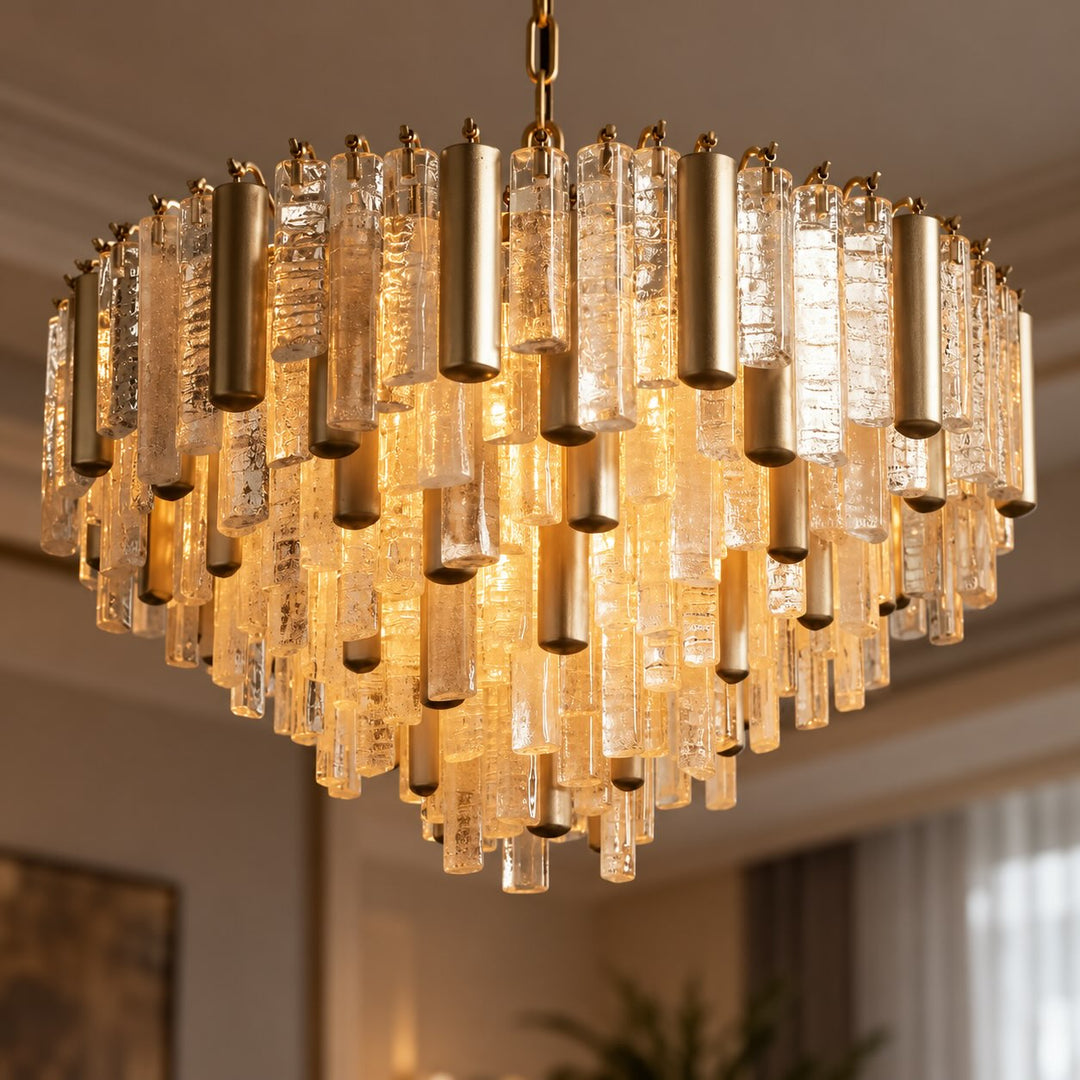 Modern Round Chandelier Hanging Light Fixture in Metal and Glass with 13 E12 Sockets