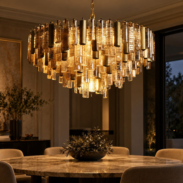 Modern Round Chandelier Hanging Light Fixture in Metal and Glass with 13 E12 Sockets